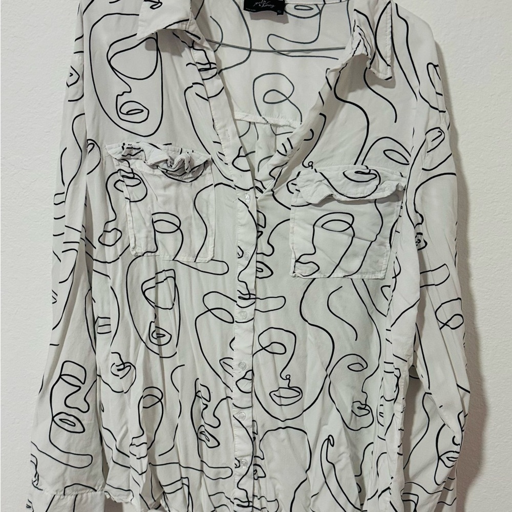 Abstract Face Print White Blouse